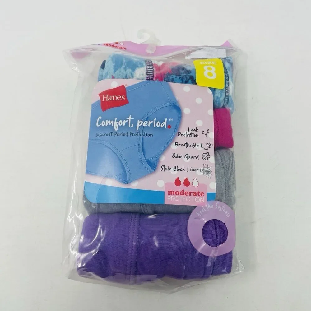 Hanes Girls Size 8 Tagless Hipster‎ Period Panty 4 Pack Moderate Protection 375